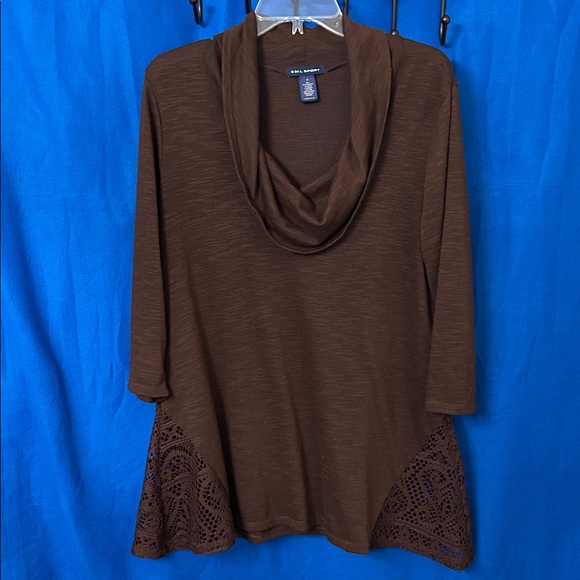 Chocolate Brown Cowl Neck Top with lace insert on side. - Picture 4 of 7
